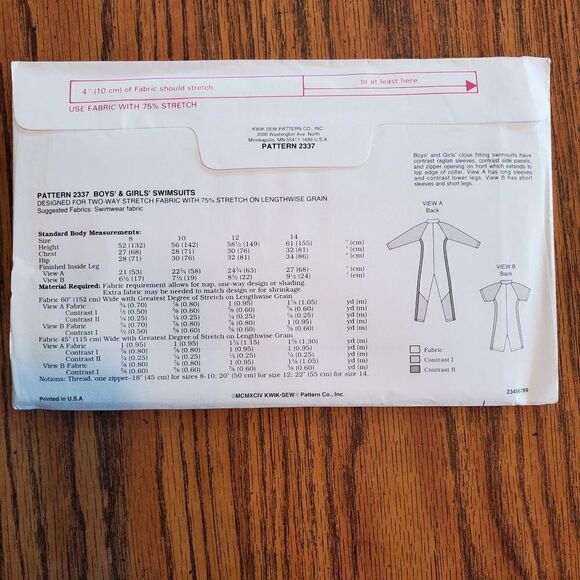 Vintage 90s Kwik Sew Pattern 2337 Uncut Girls Boys Swimsuit Bodysuit 8-14 - Picture 3 of 3